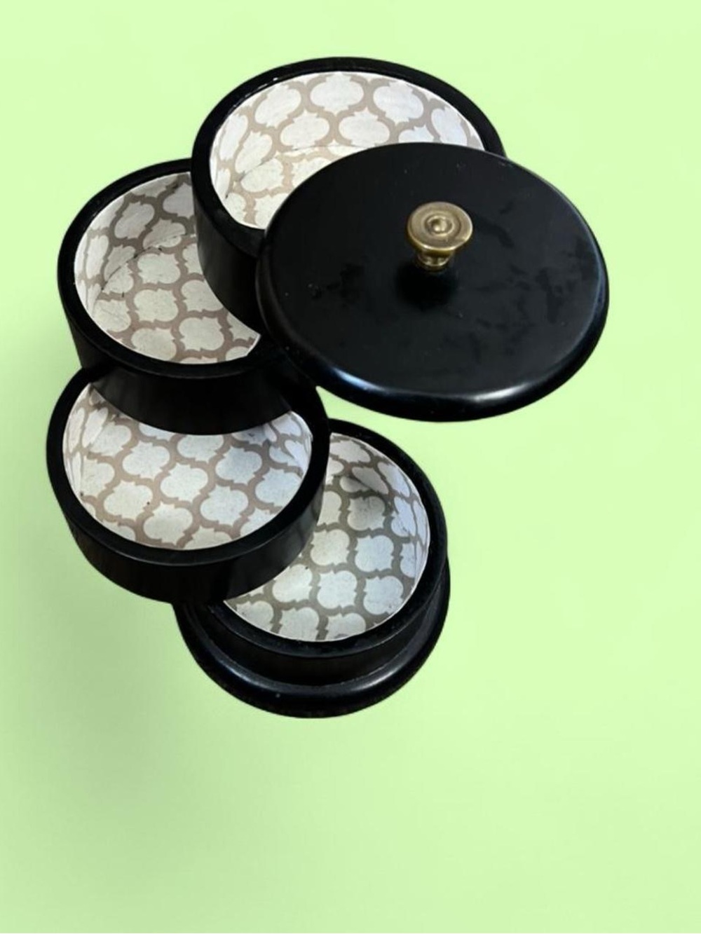 Black Rotating Multi-Tier Jewelry Organizer with Patterned Liners